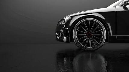Sleek Performance: Black Car Tires with Rubber Tread on Alloy Wheels Against Black Background, Composed with Rule of Thirds