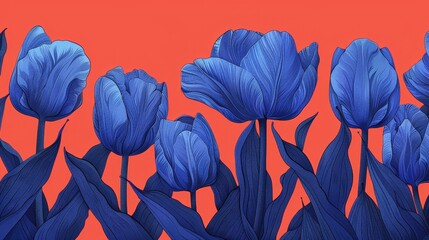 illustration of blue tulips, orange background. wallpaper
