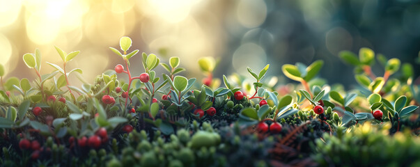 Close-up of sunlit wild lingonberries growing in the summer forest, on blurry background. Scandinavian woods on a sunny day. Close-up of wild red berries. Gifts of nature. - obrazy, fototapety, plakaty