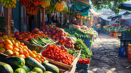 A colorful farmers market with stalls brimming with fresh produce. - obrazy, fototapety, plakaty