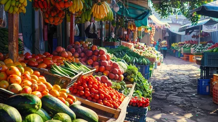  A colorful farmers market with stalls brimming with fresh produce. © CREATER CENTER