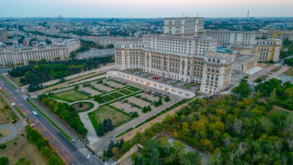 Sunset panorama view of the Romanian parliament in Bucharest