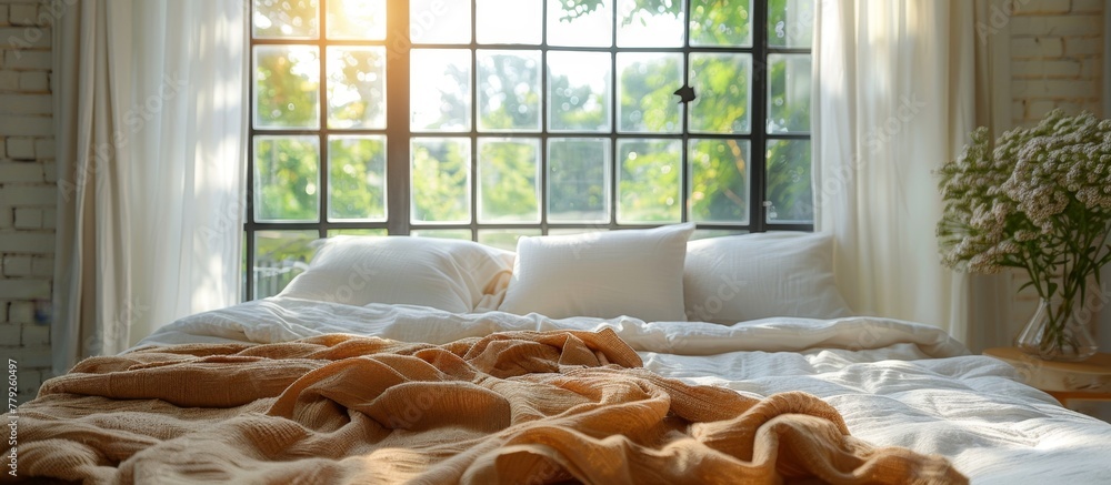 Poster comfortable bed neatly made with a soft blanket and fluffy pillows placed in front of a large window