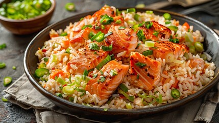 Savory salmon pilaf infused with fragrant spices and garnished with green onions, creating a delicious and aromatic dish. - obrazy, fototapety, plakaty