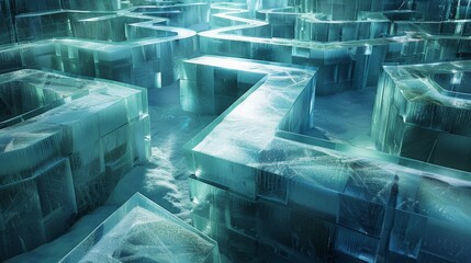 a giant maze made of neon ice. puzzle, confused, anxiety