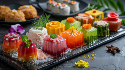 A vibrant display of traditional Thai jelly desserts on a modern slate tray. - obrazy, fototapety, plakaty