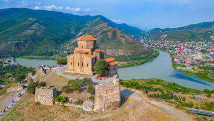 Panorama view of Jvari Monastery during a sunny day in georgia
