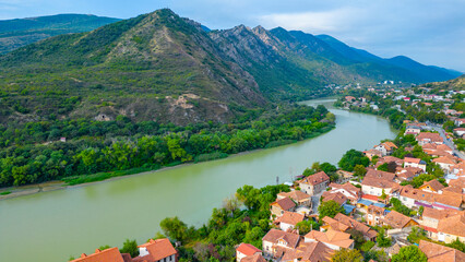 Panorama view of Mtskheta at confluence of Mtkvari and Kura rivers in Georgia © dudlajzov