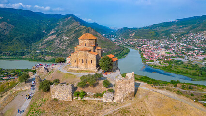 Fototapeta na wymiar Panorama view of Jvari Monastery during a sunny day in georgia