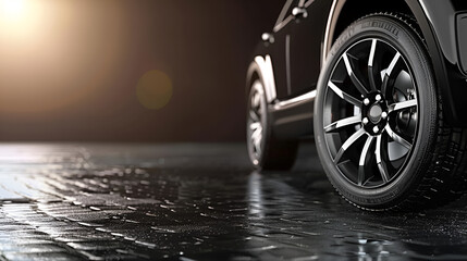 Sleek Performance: Black Car Tires with Rubber Tread on Alloy Wheels Against Black Background, Composed with Rule of Thirds