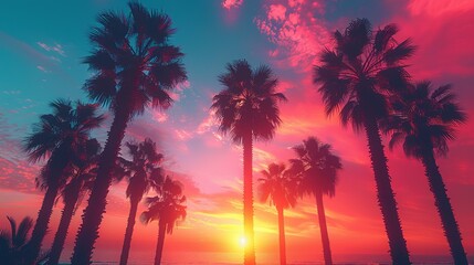 Fototapeta na wymiar Palm Trees Silhouettes On Tropical Beach At Sunset - Modern Vintage Colors