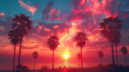 Palm Trees Silhouettes On Tropical Beach At Sunset - Modern Vintage Colors