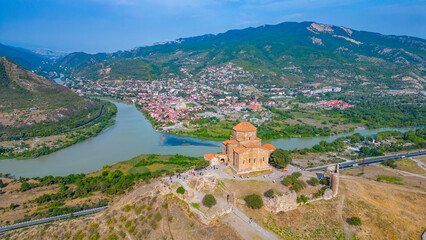 Panorama view of Jvari Monastery during a sunny day in georgia - obrazy, fototapety, plakaty