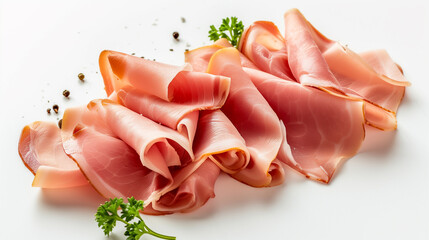 An elegant display of thinly sliced prosciutto garnished with fresh parsley and scattered peppercorns, isolated on a white background.