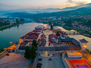 Night view of Andricgrad in Bosnia and Herzegovina - obrazy, fototapety, plakaty