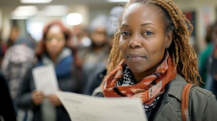 black female Voter holds envelope in hand above vote ballot   - obrazy, fototapety, plakaty