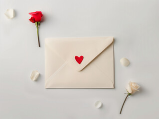 La lettre d'amour : enveloppe blanche ornée de petits cœurs rouges et de pétales de rose sur fond blanc