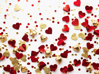 Confettis en forme de petits coeurs dorés et rouge, en l'honneur de la saint-valentin, fête de l'amour, d'un mariage ou de carnaval, sur fond blanc - obrazy, fototapety, plakaty