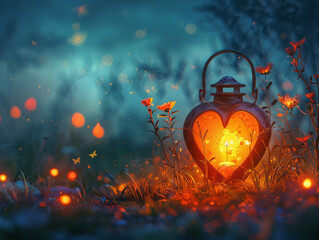 Paysage romantique avec des lanternes en forme de cœur et des lucioles, vision de l'amour
