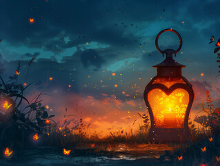 Paysage romantique avec des lanternes en forme de cœur et des lucioles, vision de l'amour - obrazy, fototapety, plakaty