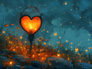 Paysage romantique avec des lanternes en forme de cœur et des lucioles, vision de l'amour - obrazy, fototapety, plakaty