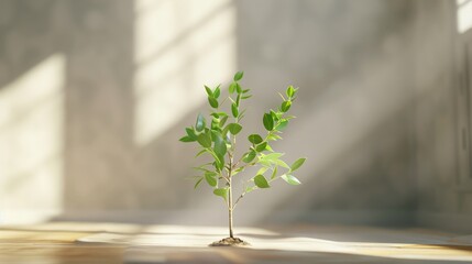 a small sapling growing in a home with sunlight, clean air