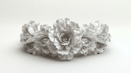 Couronne de fleurs en 3D en blanc sur fond blanc, création texturée en relief avec ombrages sur les pétales, motif floral, baroque