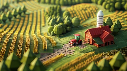 isometric low poly art idea of a little farm with a tractor and a grain silo and some rows of corn,...