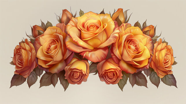 Dessin en couleur avec ombrages d'une couronne de fleurs oranges, bourgeons de roses avec feuilles et épines sur fond beige, tatouage, motif, clipart