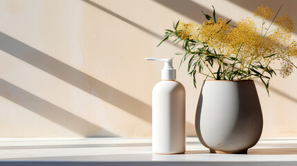 Set of white bottles with cleaning products and blossoming tree branches on beige background. Cleaning service concept