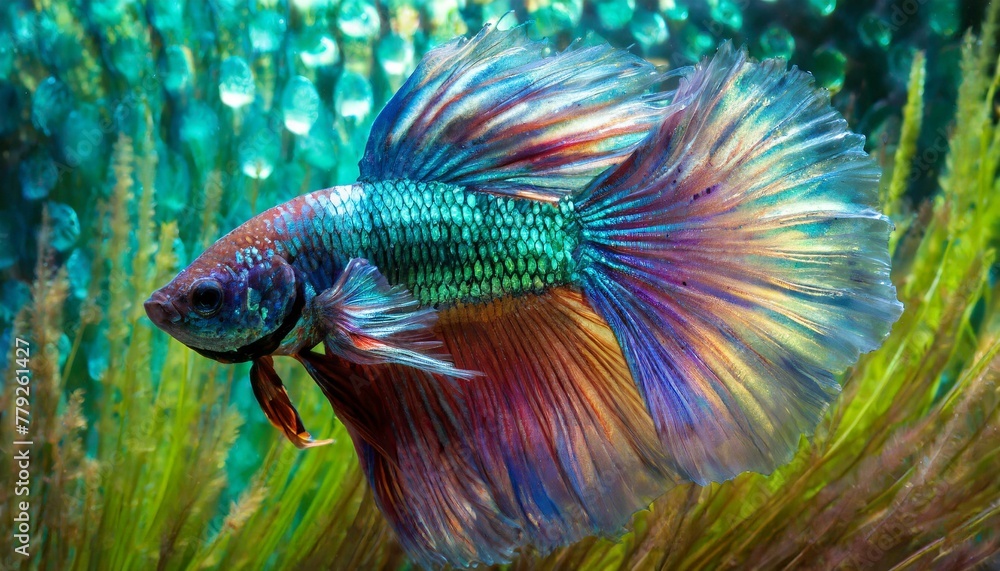 Wall mural A close-up view of a vibrant Betta fish, showcasing its intricate details and striking color - Wall murals