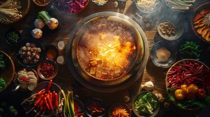 A fiery hotpot center surrounded by fresh