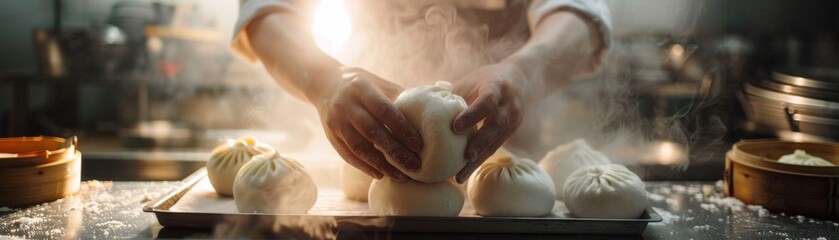 Baozi chefs hands closing buns