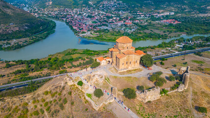 Panorama view of Jvari Monastery during a sunny day in georgia