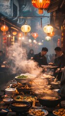 Baozi feast under lantern light soft steam clouds - obrazy, fototapety, plakaty