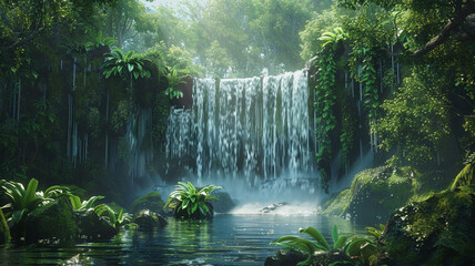 A cascading waterfall surrounded by lush green foliage in a serene forest.