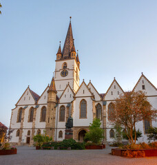 Sunrise view of Saint Mary cathedral in Romanian town Sibiu