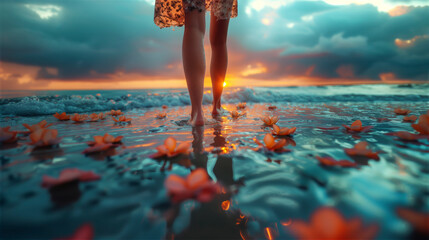 A beautiful woman legs is walking on the water of beach sea water with orange flowers against the backdrop of a tropical sunset over the ocean, low point view iclose-up