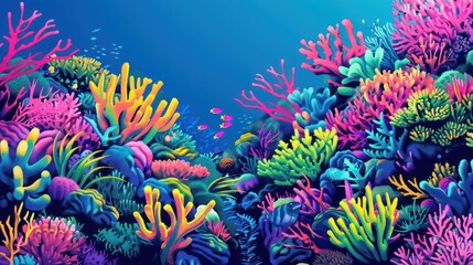 Fototapeta na wymiar An enchanting illustration of a lush underwater seascape, with vivid coral formations and small fish swimming among them, evoking a serene aquatic wonderland
