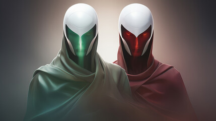 Two futuristic identical red and green entities or aliens wearing helmets and masks. Hidden personalities. Concepts of facelessness, duality, cloning, privacy, and anonymity. - obrazy, fototapety, plakaty