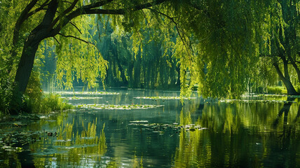 A tranquil pond surrounded by weeping willow trees, their branches dipping into the water.