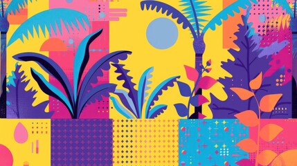 A vibrant tropical garden illustration with an abstract twist, featuring rich colors and playful patterns throughout the scene