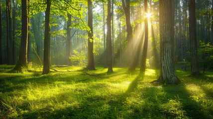 A peaceful forest clearing with sunlight filtering through trees.