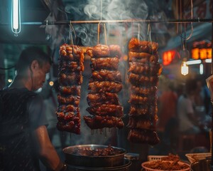Char Siu hanging in a street food stall rich colors