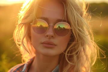 golden hour beauty, blonde woman with reflective sunglasses in nature, summer vacation vibe 