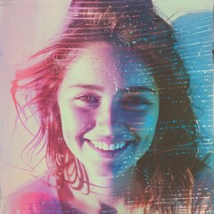 A vibrant, multicolored image featuring a young girl with a beaming smile, overlayed with artistic textures