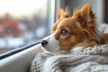 Close-up of a charming Papillon dog wearing a cozy knitted scarf, looking out the window with a pensive expression, capturing a sense of longing and comfort