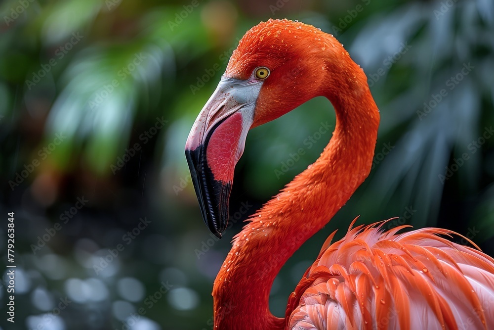 Poster detailed image of a red flamingo, capturing the texture of its feathers and the majesty of its form 
