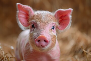 Fototapeta premium Captivating close-up of a pig centered on its pointed ears and pink textured skin in a straw-filled environment