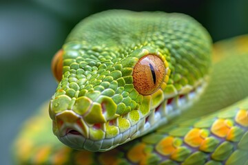 Fototapeta premium Stunning close-up of a vibrant green snake with detailed scales, keen eyes, in its green natural surroundings